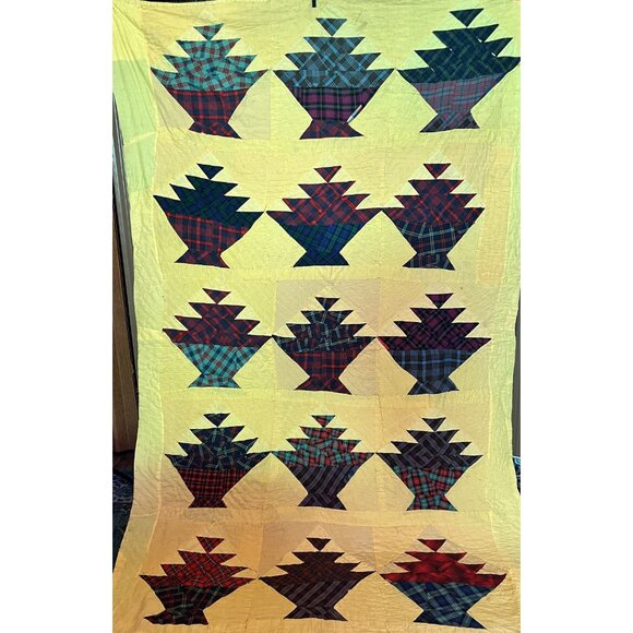 Vintage Flower Pot Basket Strip Scrappy 2-Sided Quilt 82 x 50 Super Sweet